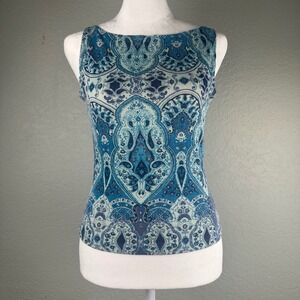 Vtg PS PerSeption Blue Paisley Glitter Top Size S Knit Sleeveless Boat Neck Y2K